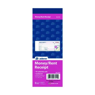 Money/Rent Receipt Book, Two-Part Carbonless, 6.69 x 2.75, 50 Receipts/Book, 5 Books/Pack