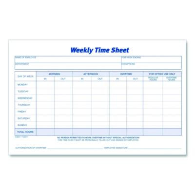 Weekly Time Sheets, Two-Part Carbonless, 8.5 x 5.5, 100 Forms Total