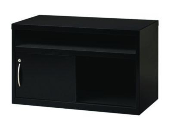 Credenza With Sliding Door, Steel, 2-Shelf, 36 w x 18.62 d x 22 h, Black