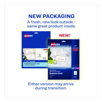 Business Cards With Metallic Gold Borders, Inkjet/Laser, 2 x 3.5, White, 10 Cards/Sheet, 10 Sheets/Pack