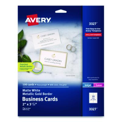 Business Cards With Metallic Gold Borders, Inkjet/Laser, 2 x 3.5, White, 10 Cards/Sheet, 10 Sheets/Pack