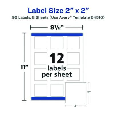Laser/Inkjet Multipurpose Label, 2 x 2, White, 12/Sheet, 8 Sheets/Pack