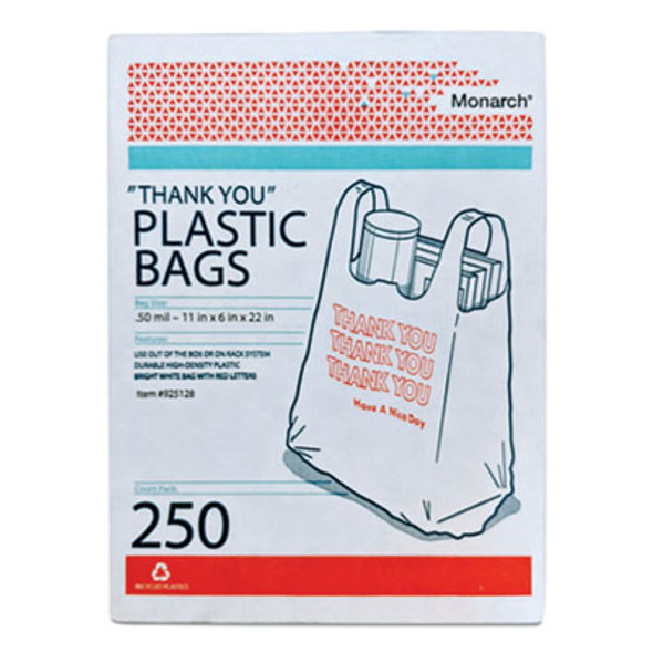 Plastic "Thank You - Have a Nice Day" Shopping Bags, Cut-Out Handles, 11.5" x 6.5" x 22", White/Red, 250/Box