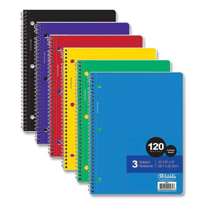 Spiral Notebooks, 3-Subject, Medium/College Rule, Randomly Assorted Cover Color, (120) 10.5 x 8 Sheets