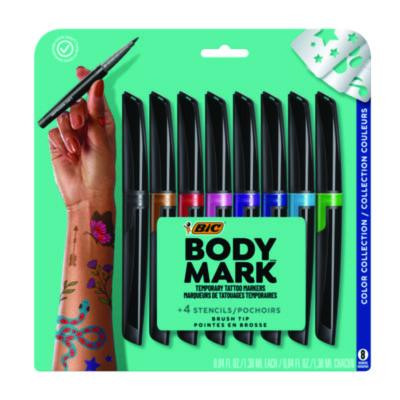 Bodymark Temporary Tattoo Markers, Fine Brush Tip, Assorted Colors, 8/Pack