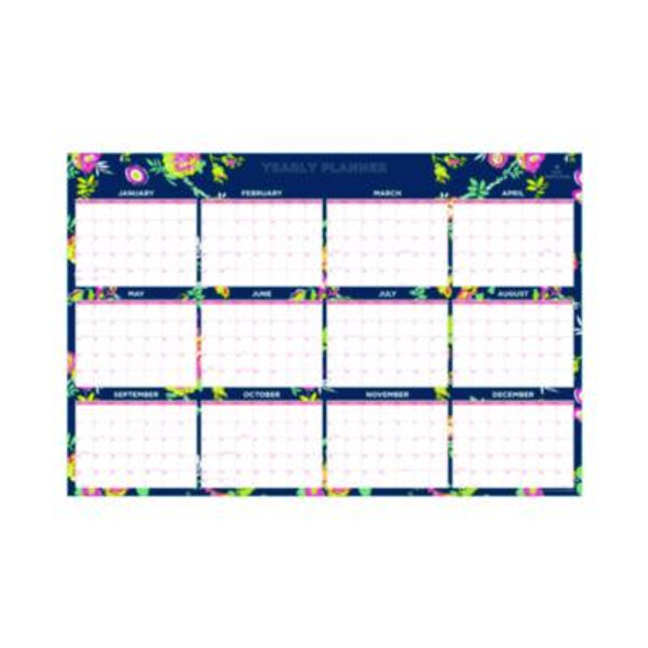 Day Designer Peyton Laminated Erasable Wall Calendar, Floral Artwork, 36 x 24, White/Navy Sheets, 12-Month (Jan To Dec): 2026