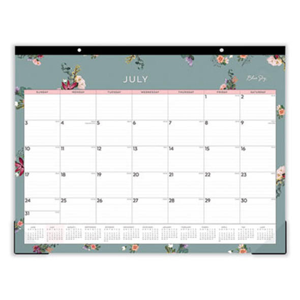 Greta Academic Year Desk Pad Calendar, Floral Artwork, 22 x 17, White/Green/Pink Sheets, 12-Month: July 2025 To June 2026