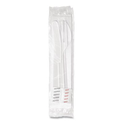Medium Heavyweight Cutlery Kit, Fork/Knife/Napkin/Pepper/Salt/Spoon, Plastic, White, 250/Carton