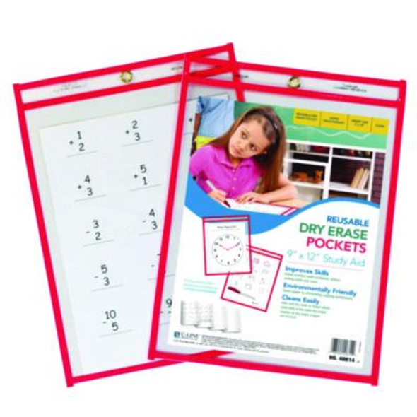 Reusable Dry Erase Pockets, Super Heavy-Duty, Top Load 9 x 12 Insert, Clear Front, Neon Red Border, 30/Pack