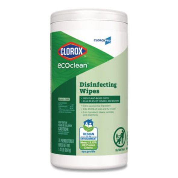 Cloroxpro Ecoclean Disinfecting Wipes, 1-Ply, 8 x 7, Unscented, White, 75 Count
