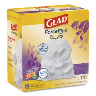 Forceflex Tall Kitchen Drawstring Trash Bags, 13 Gal, Gain Lavender With Febreze Freshness, 10.18 x 9.81, White, 110/Box