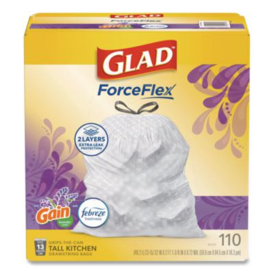 Forceflex Tall Kitchen Drawstring Trash Bags, 13 Gal, Gain Lavender With Febreze Freshness, 10.18 x 9.81, White, 110/Box