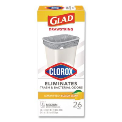 Medium Drawstring Trash Bags With Clorox, 8 Gal, Lemon Fresh Bleach Scent, 0.74 Mil, 23" x 21.63", Gray, 26/Box