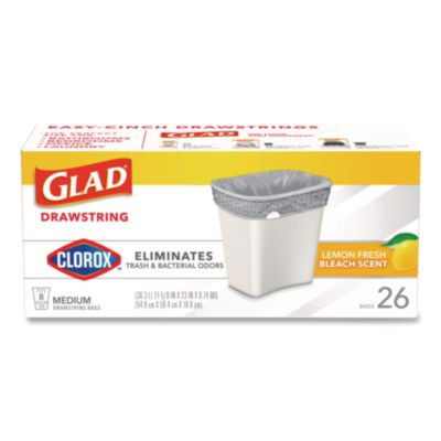 Medium Drawstring Trash Bags With Clorox, 8 Gal, Lemon Fresh Bleach Scent, 0.74 Mil, 23" x 21.63", Gray, 26/Box