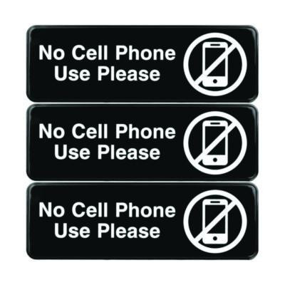 No Cell Phone Use Please Indoor/Outdoor Wall Sign, 9 x 3, Black Face, White Graphics, 3/Pack