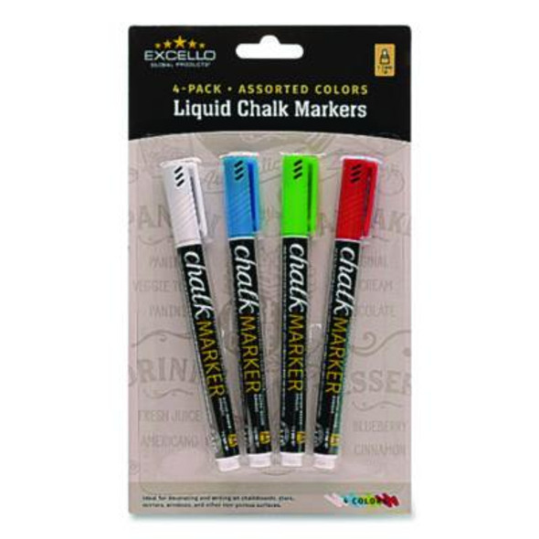 Liquid Chalk Markers, Fine Bullet Tip, Assorted Colors, 4/Pack