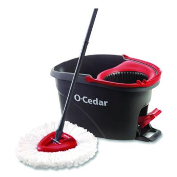 Ezwring Spin Mop System, White Microfiber Head, Up To 51" Adjustable Red/Gray Plastic Handle