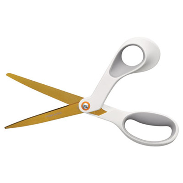Softgrip Titanium Scissors, 8" Long, 4" Cut Length, Offset White Handle