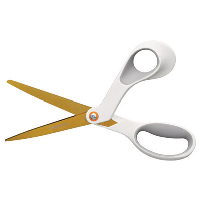 Softgrip Titanium Scissors, 8" Long, 4" Cut Length, Offset White Handle