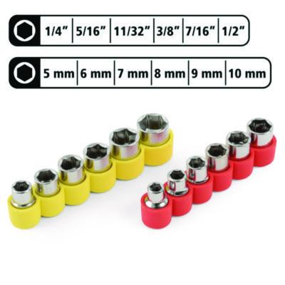 Ratcheting Screw/Nut Driver Set, 34-Piece, Hex/Phillips/Slotted/Star Bits, Metric/Sae Sockets, 8" Long, Yellow/Black Handle