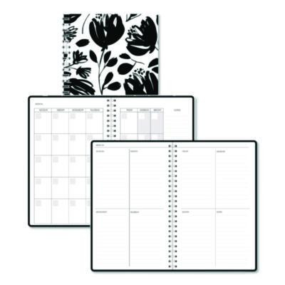 Recycled Non-Dated Monthly/Weekly Planner, Black And White Floral, Black/White Cover,  Undated