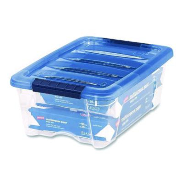 Stack And Pull Latching Flat Lid Storage Box, 3.23 Gal, 10.9" X 16.5" X 6.5", Clear/Translucent Blue