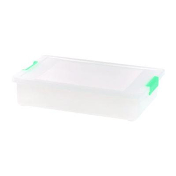 Latch Lid Storage Box, 2.3 Gal, 14 x 11 x 3.5, Clear Bin/Seafoam Latches