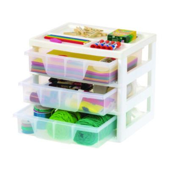 3-Drawer Desktop Storage, Plastic, 14.6 x 12.31 x 12.75, White/Clear