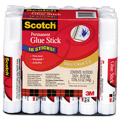 Permanent Glue Stick, 0.28 Oz, Dries Clear, 18/Pack