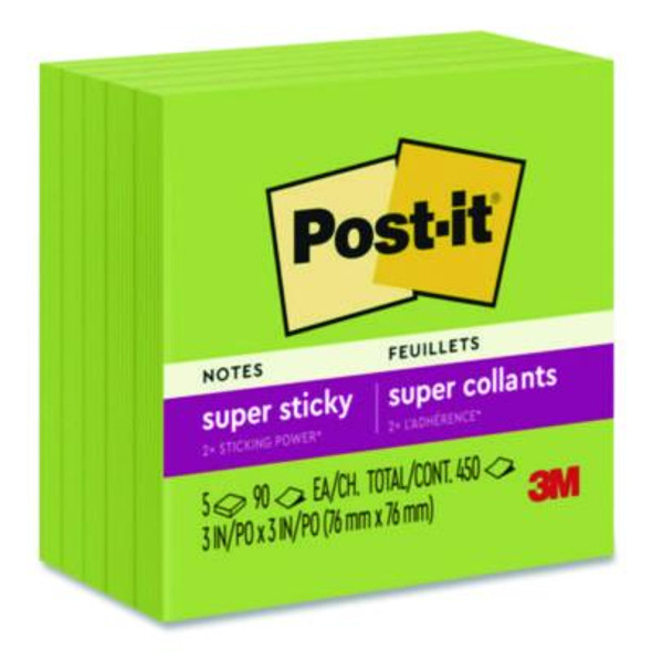 Super Sticky Pads In Energy Boost Collection Colors, 3 x 3, Limeade, 90 Sheets/Pad, 5 Pads/Pack