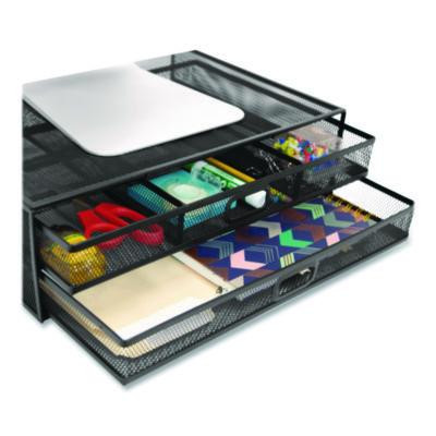 Metal Mesh Monitor Stand With Storage Drawers, For Up To 32" Monitors, 15.8" x 11.8" x 4.7", Black, Supports 30 Lb