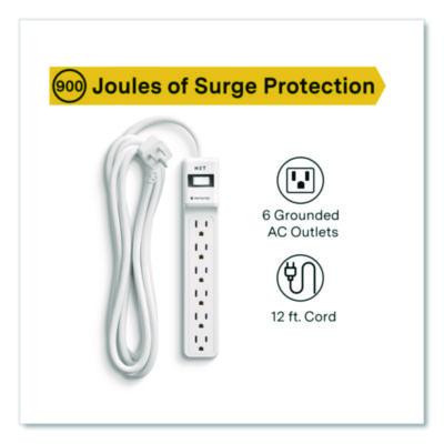 6-Outlet Surge Protector, 6 Ac Outlets, 12 Ft Cord, 900 J, White