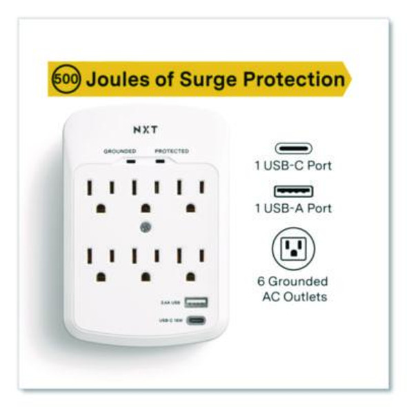 6-Outlet Plus Usb Outlet Surge Protector, 6 Ac Outlets/2 Usb Ports, 900 J, White