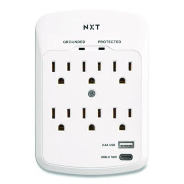 6-Outlet Plus Usb Outlet Surge Protector, 6 Ac Outlets/2 Usb Ports, 900 J, White