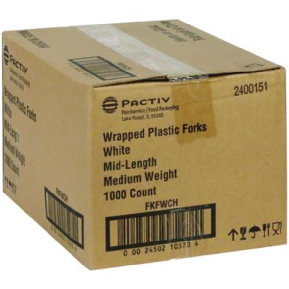 Fieldware Cutlery, Individually Wrapped, Mediumweight Fork, Plastic, White, 1,000/Carton