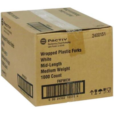 Fieldware Cutlery, Individually Wrapped, Mediumweight Fork, Plastic, White, 1,000/Carton