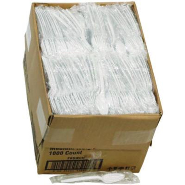 Fieldware Cutlery, Individually Wrapped, Mediumweight Spoon, Plastic, White, 1,000/Carton