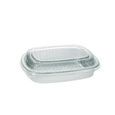 Classic Carry-Out Container With Pet Dome Lid, 46 Oz, 9.8 x 7.8 x 1.3, Silver/Clear, Aluminum, 50/Carton