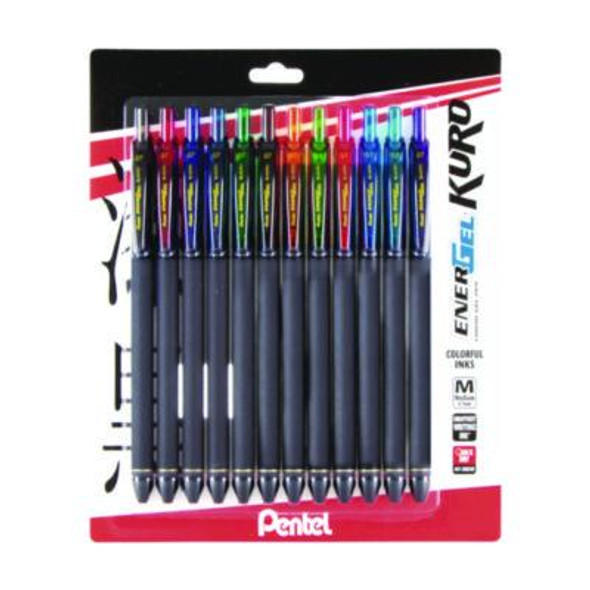 Energel Kuro Gel Pen, Retractable, Medium 0.7 Mm, Assorted Ink Colors, Black Barrel, 12/Pack