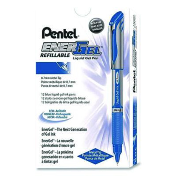 Energel Deluxe Gel Pen, Stick, Medium 0.7 Mm, Blue Ink, Silver/Blue Barrel, Dozen
