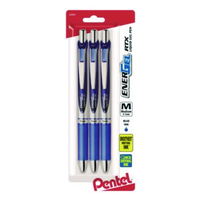 Energel Rtx Gel Pen, Retractable, Medium 0.7 Mm, Blue Ink, Blue/Silver Barrel, 3/Pack