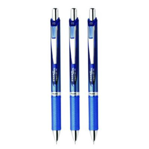 Energel Rtx Deluxe Gel Pen, Retractable, Fine 0.5 Mm, Blue Ink, Blue/Silver Barrel, 3/Pack