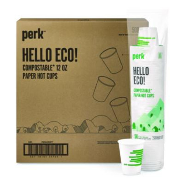 Eco-Id Compostable Paper Hot Cups, 12 Oz, White/Green, 500/Carton