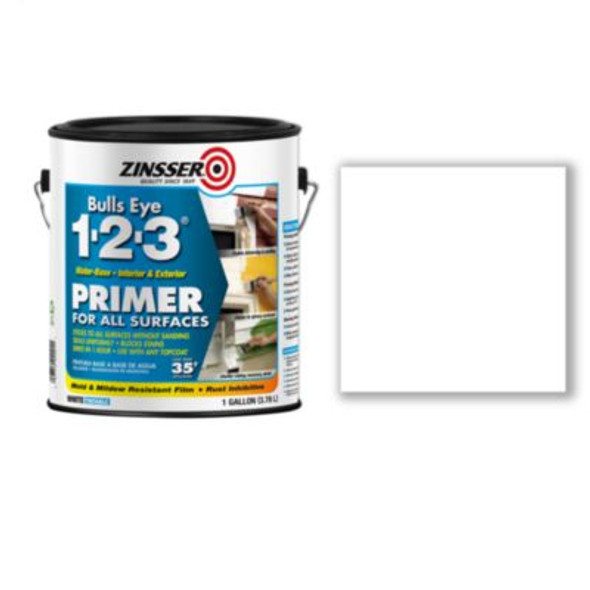 Bulls Eye 1-2-3 Water-Base Primer, Interior/Exterior, Flat White, 1 Gal Bucket/Pail, 4/Carton