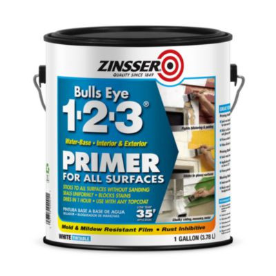 Bulls Eye 1-2-3 Water-Base Primer, Interior/Exterior, Flat White, 1 Gal Bucket/Pail, 4/Carton