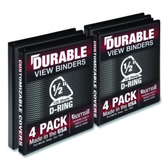 Durable D-Ring View Binders, 3 Rings, 0.5" Capacity, 11.5" x 8.5", Black, 4/Pack