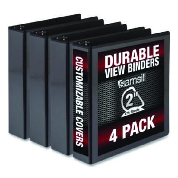 Durable D-Ring View Binders, 3 Rings, 2" Capacity, 11.5" x 8.5", Black, 4/Pack
