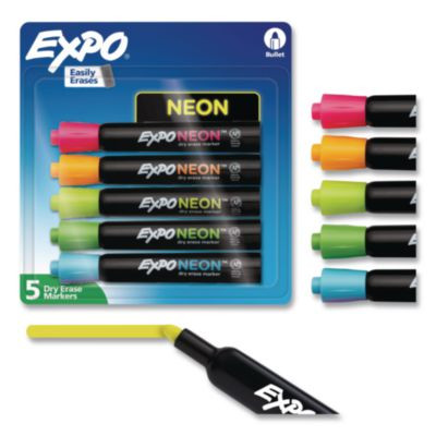 Neon Windows Dry Erase Marker, Broad Bullet Tip, Assorted Colors, 5/Pack