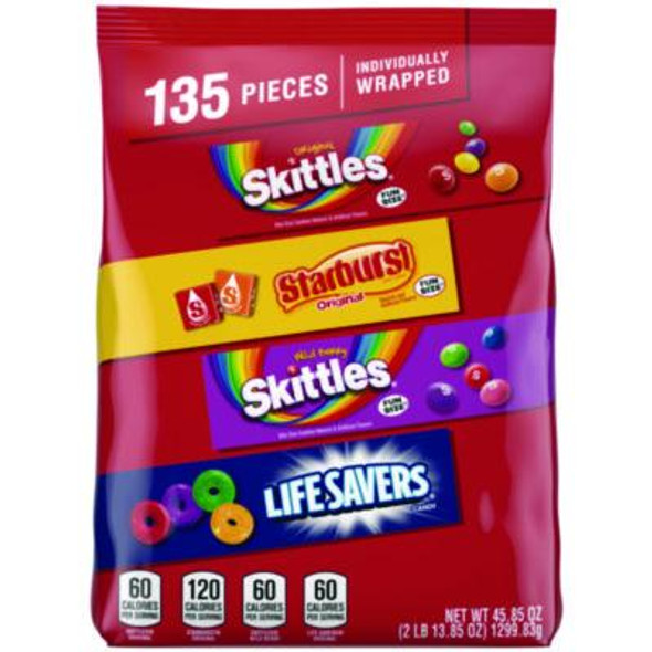 Skittles, Starburst And Life Savers Fun Size Fruity Candy Assortment, 45.85 Oz Bag, 135 Pieces, Individually Wrapped