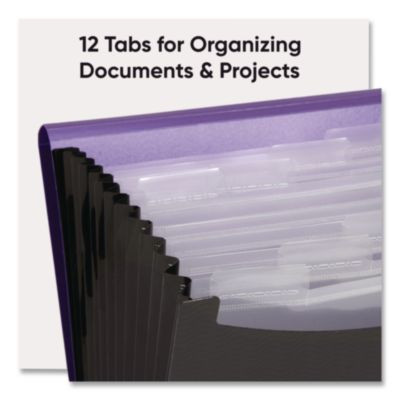 12-Pocket Poly Expanding File, 0.88" Expansion, 12 Sections, Cord/Hook Closure, 1/6-Cut Tabs, Letter Size, Black/Purple